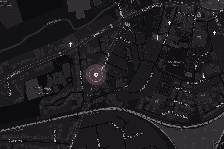 Map of Selby town centre with the studio marked, a short walk from the railway station